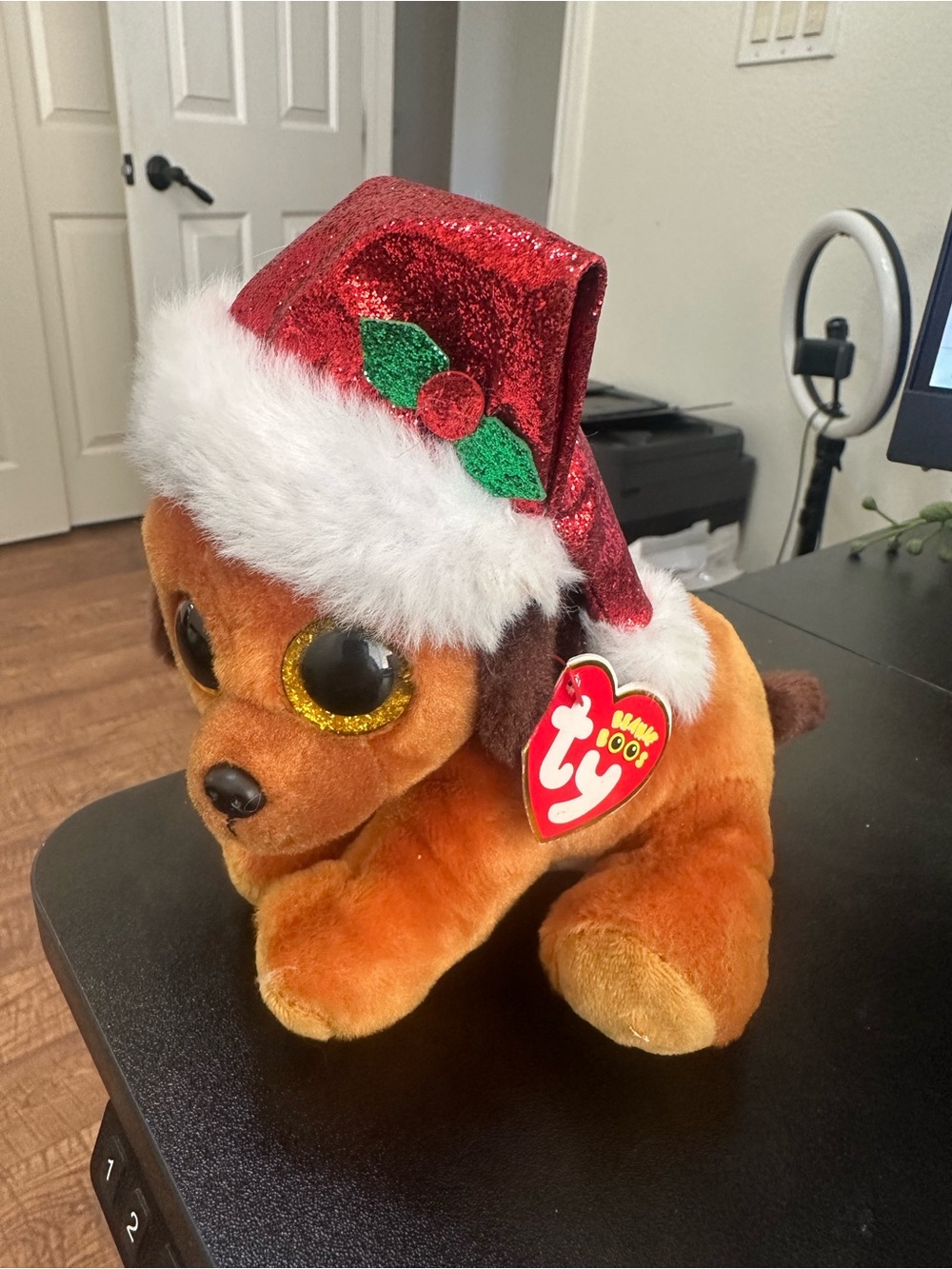 Ty Howlidays Beanie Boo Puppy with Red Sparkle Hat and Brown Fur